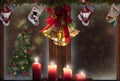 Christmas window,candles,gold bells,stockings,tree decorations,snow background for greeting card Royalty Free Stock Photo