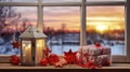 Christmas Window Decor with a Beautiful Sunset Backdrop. Generative AI