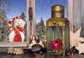 Christmas window decoration with old toys and a lantern with a r Royalty Free Stock Photo