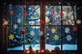 Christmas window decorations to spread holiday cheer. Christmas home decorations hanging on window and standing on Royalty Free Stock Photo