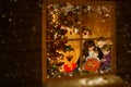 Christmas Window, Family Celebrating Xmas Holiday inside Home Royalty Free Stock Photo