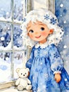 Christmas Window Scene with Child and Snowy View Royalty Free Stock Photo
