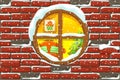 Christmas window in stone wall. lighted christmas tree Happy new year decoration. Merry christmas holiday. New year and