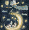 Christmas and winter angel with candle, moon and village.