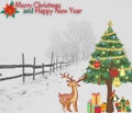 Christmas winter background with little reindeer and Christmas trees