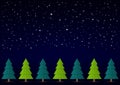 Vector Christmas Winter Background. Night sky, snow, stars with abstract conifers with snow in a row. Royalty Free Stock Photo