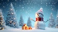 Snow man Christmas winter background and bokeh.Tree decorated with red balls and gift with snow man Royalty Free Stock Photo