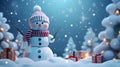 Christmas winter background with snowman and bokeh.Tree decorated with gift box, with copy space. banner Royalty Free Stock Photo
