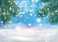 Christmas Winter background with snow drifts ,green tree branch,fir-tree, snowfall, snowflakes in different shapes and Royalty Free Stock Photo