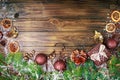 Christmas winter background, a table decorated with fir branches and decorations. Happy New Year. Merry Christmas. Royalty Free Stock Photo