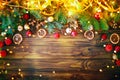 Christmas winter background, a table decorated with fir branches and decorations. Happy New Year. Merry Christmas. Royalty Free Stock Photo