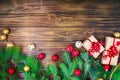 Christmas winter background, a table decorated with fir branches and decorations. Happy New Year. Merry Christmas. Royalty Free Stock Photo
