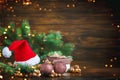 Christmas winter background, a table decorated with fir branches and decorations. Happy New Year. Merry Christmas. Royalty Free Stock Photo