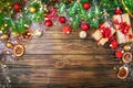 Christmas winter background, a table decorated with fir branches and decorations. Happy New Year. Merry Christmas. Royalty Free Stock Photo