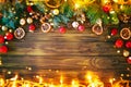 Christmas winter background, a table decorated with fir branches and decorations. Happy New Year. Merry Christmas. Royalty Free Stock Photo