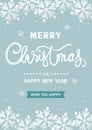 Christmas winter background. White snowflake on light blue background. Cartoon style. Merry Christmas and Happy New Year card.