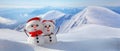 Christmas winter banner with couple of snowmen in a santa hats on their heads against the backdrop of snowy mountains Royalty Free Stock Photo
