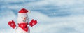 Christmas winter banner with a snowman in a santa hat on his head in a winter fores. Holiday background