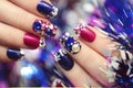 Christmas winter blue manicure. Royalty Free Stock Photo