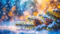 Christmas winter blurred background. Xmas tree with snow decorated with garland lights, holiday festive background. Widescreen Royalty Free Stock Photo