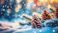 Christmas winter blurred background. Xmas tree with snow decorated with garland lights, holiday festive background. Widescreen Royalty Free Stock Photo