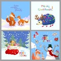 Christmas winter cards, with animals and a snowman. Set of vector designs of cards. Cute animals. Merry Christmas and Royalty Free Stock Photo