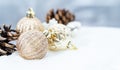 Christmas of winter - Christmas balls with ribbon on snow, Winter holidays concept. Christmas red balls, golden balls, pine And
