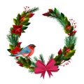 Christmas Winter Circle Wreath With Bullfinch, Evergreen Leaves, Poinsettia, Bow Isolated On White.