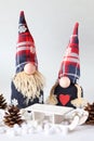 Christmas or winter composition. Two handmade elf with pointed caps and big round noses.