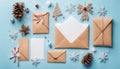 Christmas or winter composition. Xmas decorations, envelopes on pastel blue background. Christmas, New Year, winter concept. Flat Royalty Free Stock Photo