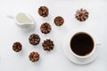 Christmas and winter concept. White mug of hot black coffee on white background. Top view. Royalty Free Stock Photo