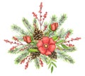 Watercolor Christmas bouquet with spruce, pinecones, red flowers Royalty Free Stock Photo