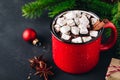 Christmas Winter Drink Hot Chocolate With Marshmallow And Cinnamon Stick In Red Mug
