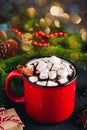 Christmas Winter Drink Hot Chocolate With Marshmallow And Cinnamon Stick In Red Mug