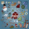 Christmas winter favourites colorful doodles. Vector illustration