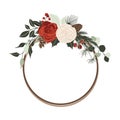 Christmas winter floral frame and wreath with red and white roses, spruce branches and berries