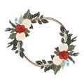 Christmas winter floral frame and wreath with red and white roses, spruce branches