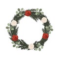 Christmas winter floral frame and wreath with red and white roses, spruce branches
