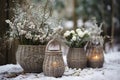 Christmas winter flower decor in wicker baskets
