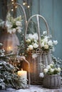 Christmas winter flower decor in wicker baskets