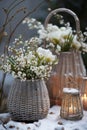 Christmas winter flower decor in wicker baskets