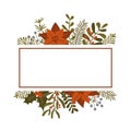 Christmas winter foliage plants, poinsettia flowers leaves branches, red berries frame template, isolated vector illustration xmas Royalty Free Stock Photo
