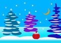 Christmas - winter forest with moon and red apple