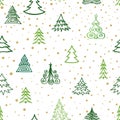 Christmas winter forest snow seamless pattern with holiday icons and New Year Tree, Snow. Happy Winter Holiday Snowfall Wallpaper
