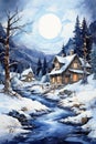 Christmas, winter forest with a village on the edge and a river, evening landscape. Watercolor drawing. Royalty Free Stock Photo