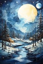 Christmas, winter forest with a village on the edge and a river, night landscape. Watercolor drawing. Royalty Free Stock Photo