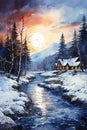 Christmas, winter forest with a village on the edge and a river, sunset landscape. Watercolor drawing. Royalty Free Stock Photo