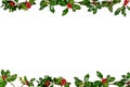 Christmas winter greenery and holly berry abstract background border on white. Royalty Free Stock Photo