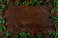 Christmas winter greenery and holly berry abstract background border on wooden bacground Royalty Free Stock Photo