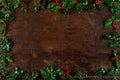 Christmas winter greenery and holly berry abstract background border wooden board Traditional flora design element for Royalty Free Stock Photo